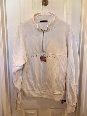Brandy Melville White Los Angeles Quarter-Zip Sweatshirt with Flag